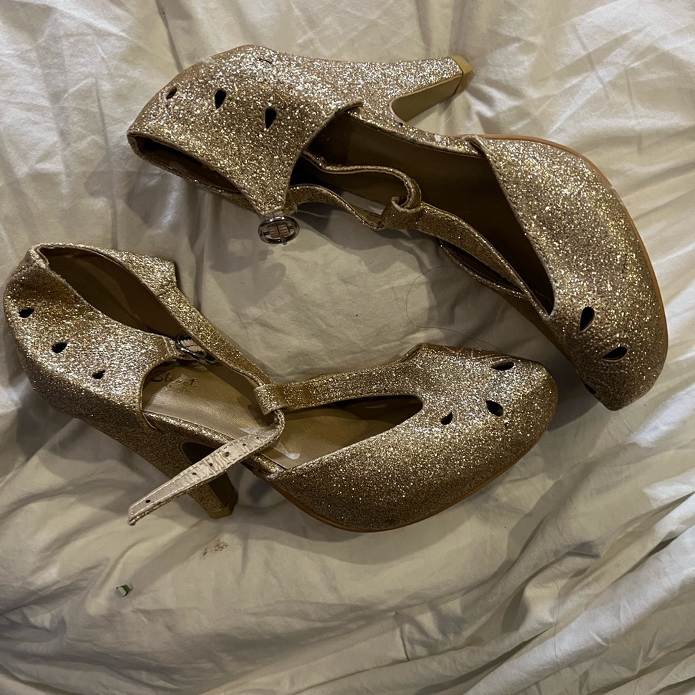 7 gold glitter ankle strap 4” pinup heels
